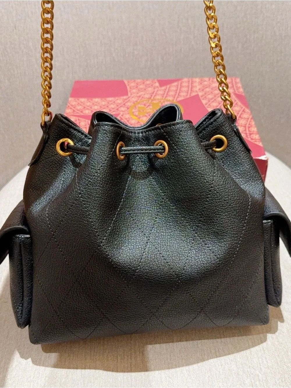 Tory Burch Black Pebbled Leather Drawstring Bucket Bag with Gold Chain